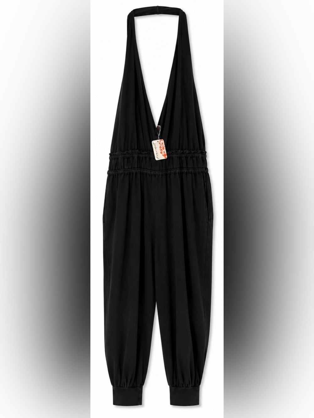 Free People Black deep V Smocked Waist Halter one piece